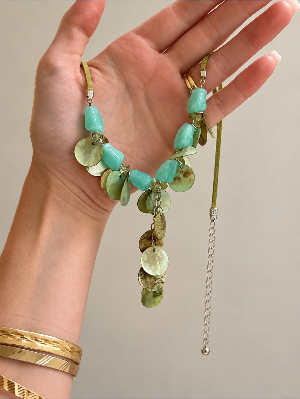 Green Shell & Turquoise Bead Drop Necklace